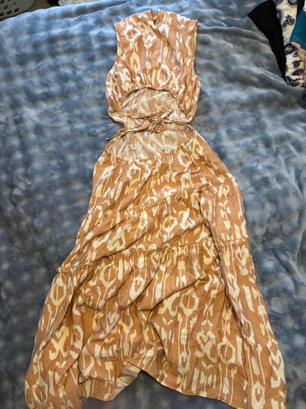 Sleeveless Tiered Maxi Dress in Rust & Cream Ikat Print